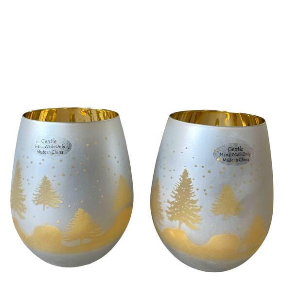 Christmas Frosted Stemless Wine Glasses 18oz Set of 2 Gold & Silver Holiday Glam - Picture 10 of 10